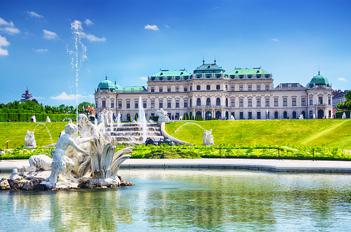 Belvedere palace building with fountains in Vienna, Austria