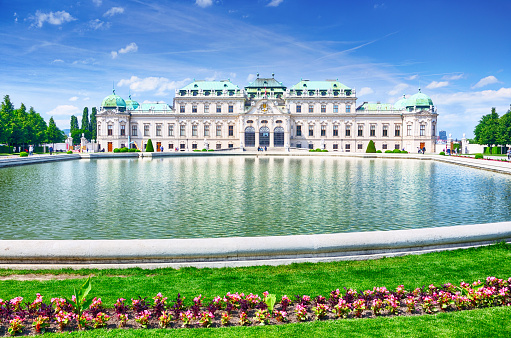 Belvedere palace building with fountains in Vienna, Austria