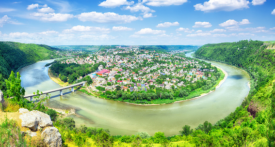 Panoramic view of Dnister river canyon and Zalishchyky town in Ternopil region of Ukraine