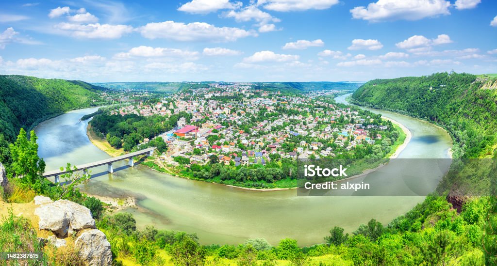 Panorama of Zalishchyky town, Ukraine Panoramic view of Dnister river canyon and Zalishchyky town in Ternopil region of Ukraine Aerial View Stock Photo