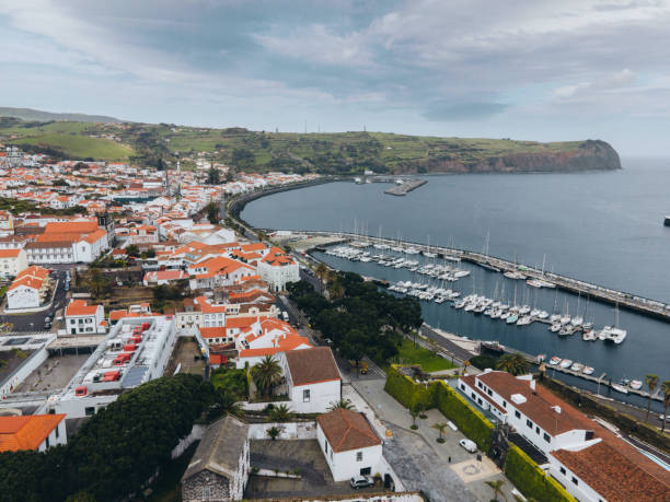 View of Horta by Drone in Faial, the Azores View of Horta by Drone in Faial, the Azores madalena stock pictures, royalty-free photos & images