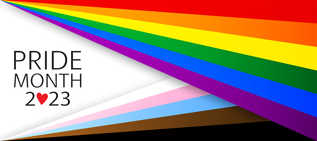 LGBT Pride Month 2023 concept on a white. Rainbow Freedom flag and text with heart on white.