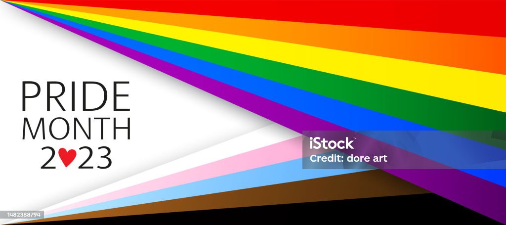 Pride Month 2023 greeting poster, vector. LGBT Pride Month 2023 concept on a white. Rainbow Freedom flag and text with heart on white. LGBTQIA Pride Month stock vector