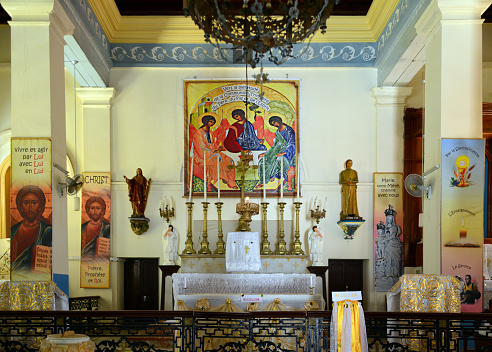 Milan, Italy - November 15, 2016: the main altar with bible lectern of church Santa Maria Delle Grazie.