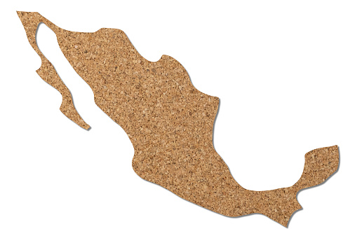 Mexico map cork wood texture cut out on white background.