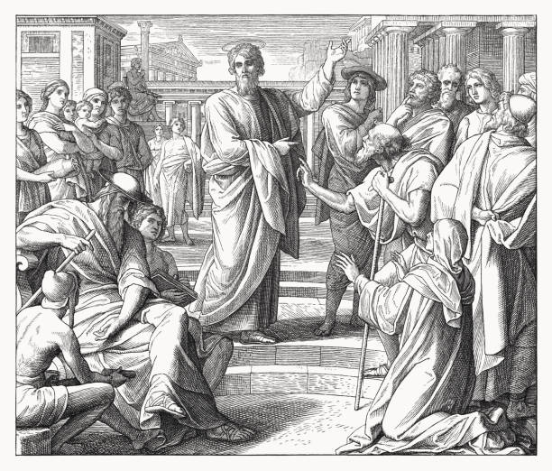 павел проповедует в афинах (деяния 17), гравюра на дереве, опубликованная в 1860 году - philosopher classical greek greek culture greece stock illustrations