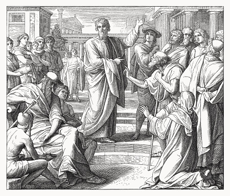 Paul preaches in Athens (Acts 17). Wood engraving by Julius Schnorr von Carolsfeld (German painter, 1794 - 1872), published in 1860.