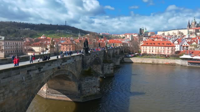 Scenic spring panoramic aerial view of the Old Town pier architecture and Charles Bridge