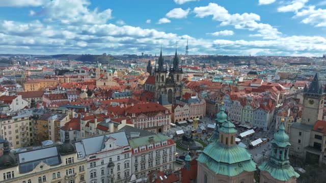 Panoramic aerial view of old Town square in Prague on a beautiful summer day, Czech Republic.