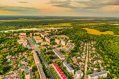 City aerial view. Drone photography. Protection of nature. Sky background
