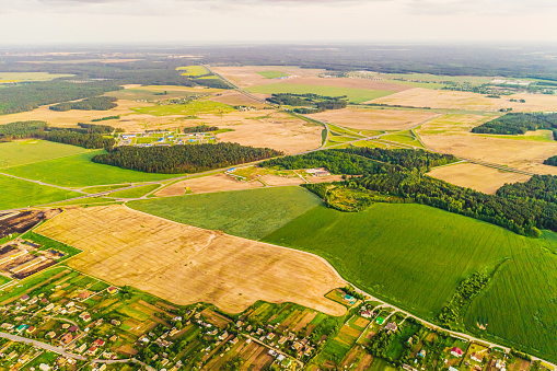 Aerial view of Lobau ,Vienna floodplain on the northern side of the Danube . Lower Austria panorama