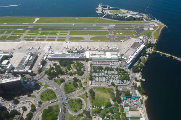 Aerial View of Santos Dumont Airport in Rio de Janeiro Santos Dumont Airport aerial view. It is the second major airport serving Rio de Janeiro city. guanabara bay stock pictures, royalty-free photos & images