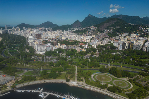View of Gloria District Buildings and Corcovado Mountain in the Horizon, in Rio de Janeiro, Brazil.