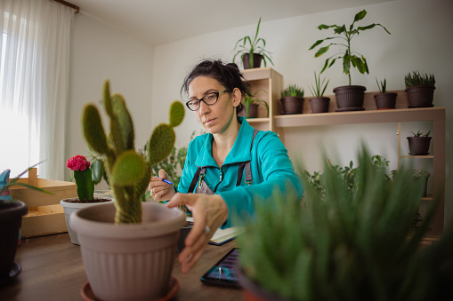 One young woman works mostly from home, growing different kinds of house plants