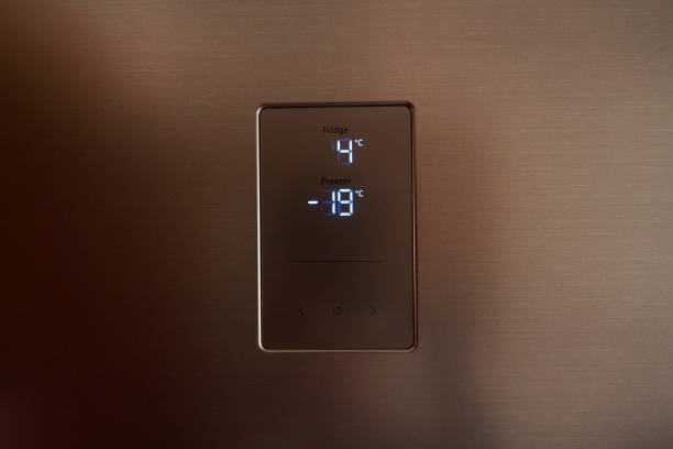 istock Close up of the front temperature panel of a gray fridge 1482401169