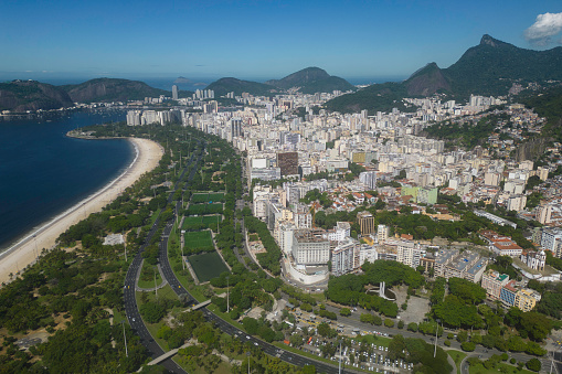 View of Gloria District Buildings and Corcovado Mountain in the Horizon, in Rio de Janeiro, Brazil.