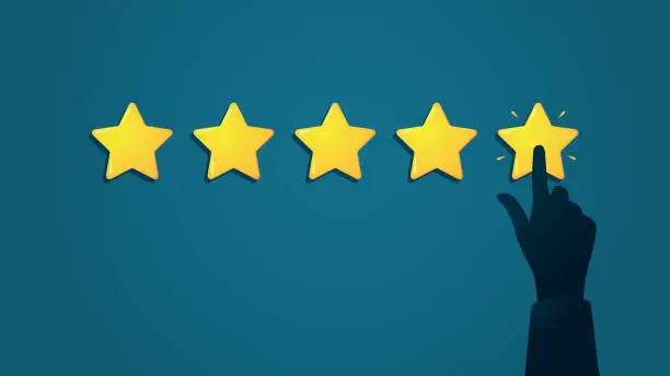 Vector illustration of Customer hand silhouette rating 5 golden stars