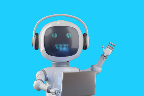istock Friendly cartoon style chat robot with laptop waving hello. 3d illustration. 1482404322