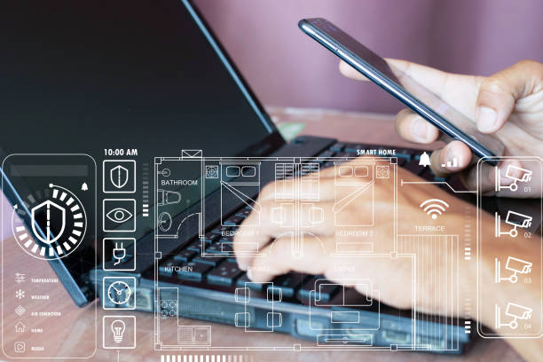 istock Smart home technology on defense via smartphone app screen with augmented reality (AR) view of Internet of Things (IOT) future home technology. 1482404900