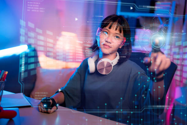 istock Asian girl playing game in night room Holographic technology and always visual graphics 1482406850