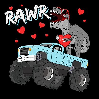 Rawr Dinosaurus , T-Rex Driving monster truck Silhouette With Hearts Design For Mother's Day , Valentine's day  EPS. SVG. File vector illustration Doodle Funny cartoon style