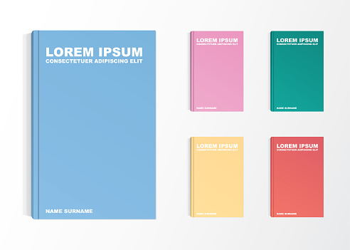 A set of a simple book cover designs in five different colours, isolated on a white gray gradient background. Each design is separated on different layers.