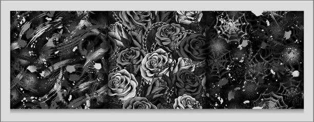 Vector illustration of Gray abstract camo patterns with roses, spiderweb