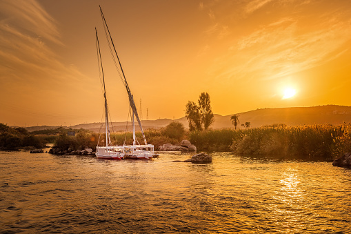 Sailboats on the river Nile at sunset in Egypt