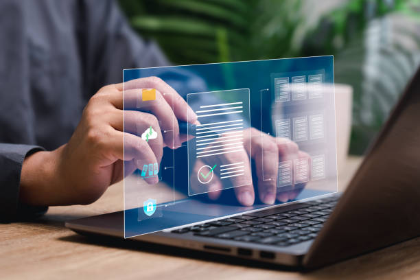 istock Data management and security of document concept, Businessman checklist online on a laptop, Document management Storage and technology on digital document paperless operation 1482411806