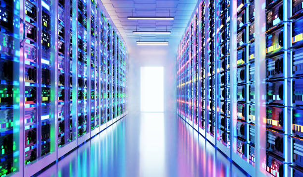 istock Interior of big modern server room. 3d rendering illustration 1482412675