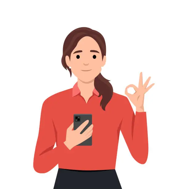 Vector illustration of Technology, advertisement, communication, presentation concept. Young happy woman girl character shows smartphone with ok sign and winking. Promotion of innovative technological devices demonstration.