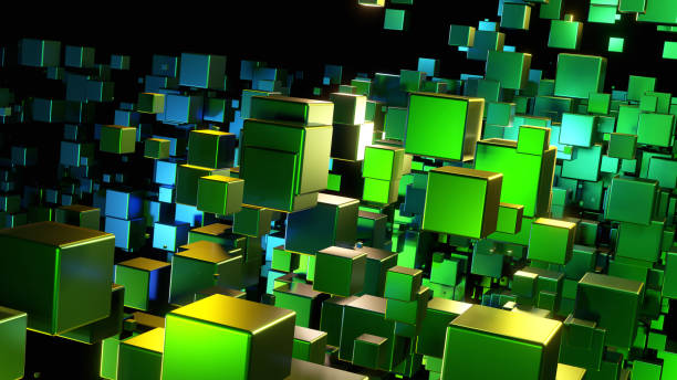 istock Abstract background 3D, many metallic green blue cubes with neon glow on black 1482414462