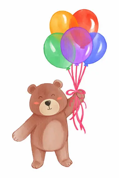 Vector illustration of Brown bear hold balloons . Realistic watercolor paint with paper textured . Cartoon character design . Vector .