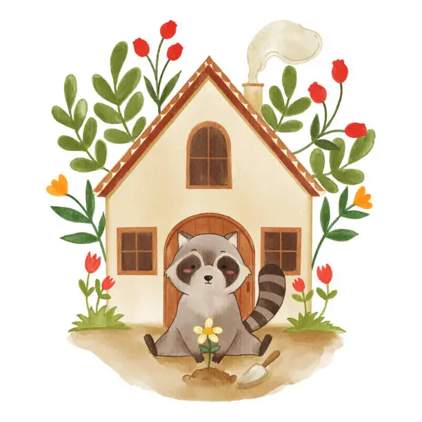 Vector illustration of Raccoon animal and house with flower . Realistic watercolor paint with paper textured . Cartoon character design . Vector .