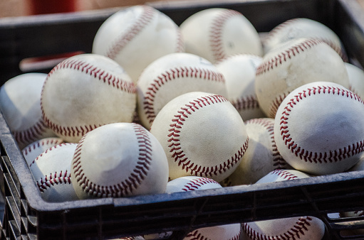 Close-up on crate full of baseballs