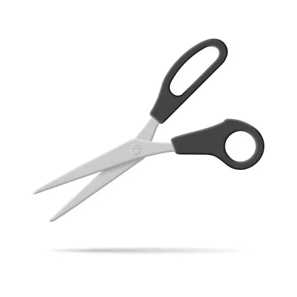 Vector illustration of Stationery scissors realistic 3d vector illustration. Office cutters with rings black handles steel blade.