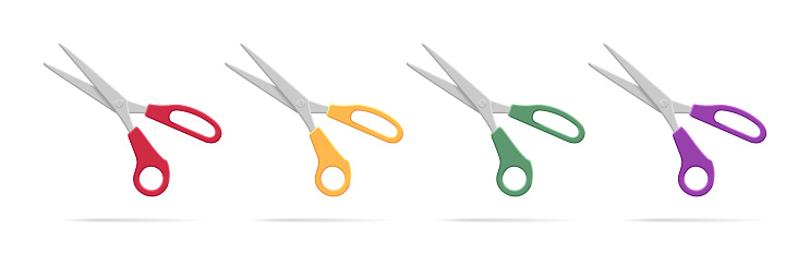 Stationery scissors realistic collection vector illustration. Office cutters with rings handles of different color and sharp blade. Steel grooming equipment for beauty salon