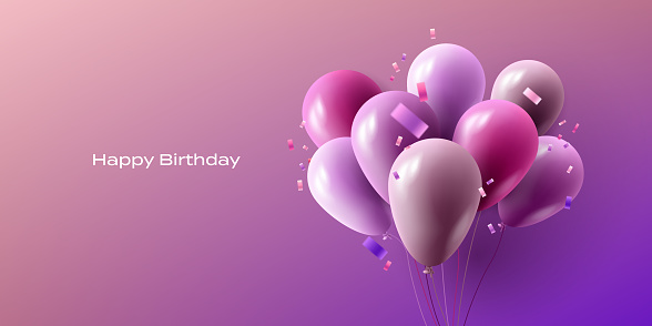 Happy birthday vector 3d illustration with realistic pink and purple balloons with confetti, greeting banner template with place for copy