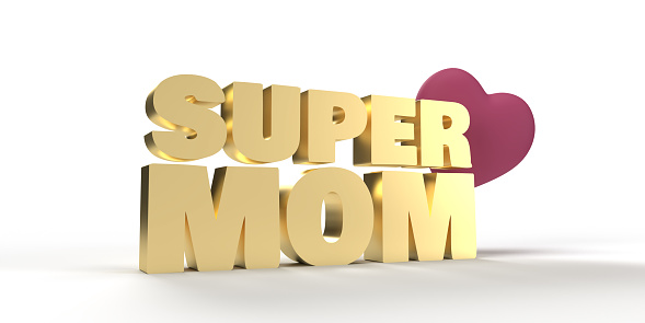 Love mom celebration concept: Super Mom text on white background, copy space. 3D illustration Happy Mother's day greeting card template design with hearts.