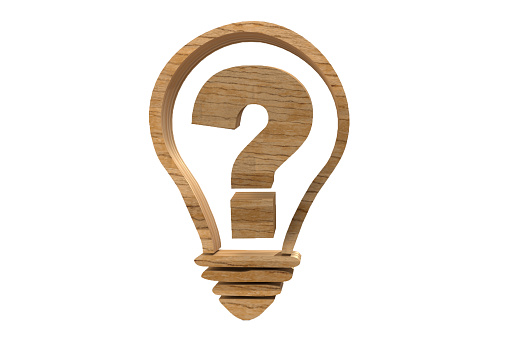 Wooden Lightbulb with Question Mark Sign on white background