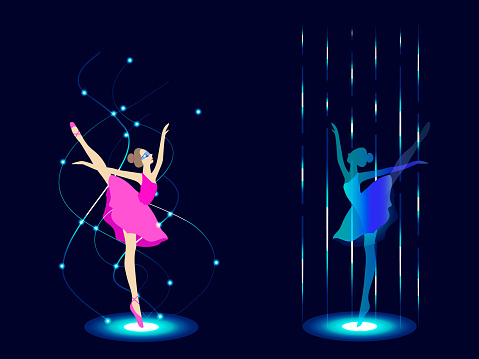 Ballerina dancing in VR glasses with augmented neon hologram. Young woman ballet dancer in pink dress standing in beautiful pose on one leg. Avatar character in virtual reality. Vector illustration
