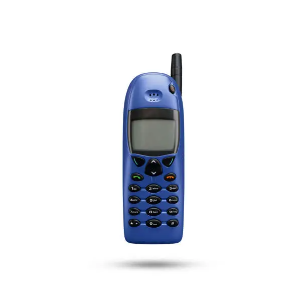 Nokia 6110 Mobile phone from 1997. This is an old vintage and retro mobile phone. A blue cell phone with a black antenna on the top.