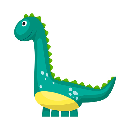Green dinosaur toy. Funny gigantic jurassic park creature dino icon. Brachiosaurus body with long neck and kind or cute face. Childhood fantasy. Flat vector illustration isolated on white background