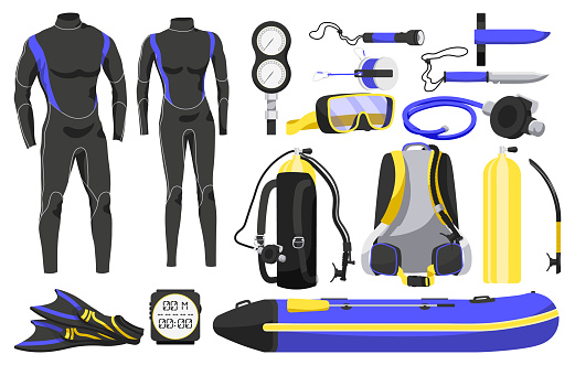 Scuba diving gear and accessories. Equipment for under water adventure. Wetsuit, scuba mask, snorkel, fins, oxygen tank with regulator dive icons. Underwater ocean and sea sport. Vector illustration