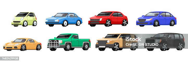 istock Set of cartoon cars isolated on white background. Flat style vehicles with silver disks and black tires. Colorful colors of body paint automobile icons side view. Funny car toys. Vector illustration 1482429938