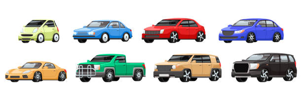 Set of cartoon cars isolated on white background. Flat style vehicles with silver disks and black tires. Colorful colors of body paint automobile icons side view. Funny car toys. Vector illustration Set of cartoon cars isolated on white background. Flat style vehicles with silver disks and black tires. Colorful colors of body paint automobile icons side view. Funny car toys. Vector illustration sedan stock illustrations