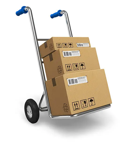Photo of Hand truck with stacked cardboard boxes on white background