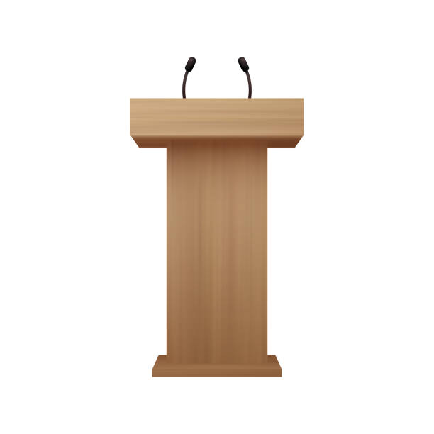 Wooden orators podium with microphone for speaker on conference, lecture or debate. Realistic rostrum pulpit for presentation and communication with public. Tribune for speech. Vector illustration Wooden orators podium with microphone for speaker on conference, lecture or debate. Realistic rostrum pulpit for presentation and communication with public. Tribune for speech. Vector illustration interview seminar microphone inside of stock illustrations