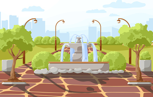 City park summer or spring time scenery landscape. Cityscape background, empty public place for walking, recreation with green trees and bushes, water fountain in center of square. Vector illustration