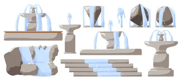 Vector illustration of Set of design elements for City Park isolated on white background. Collection with decorative icons different forms of stone fountains in Public Park or cityscape and urban square. Vector illustration